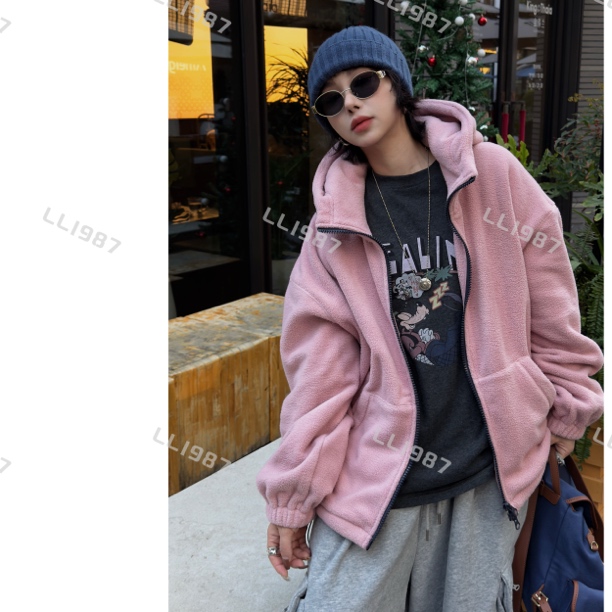 HY罗罗【颗粒绒拉链】冬季时尚宽松连帽休闲百搭拉链卫衣开衫L394