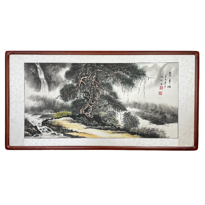 【手绘国画】带框山水画横幅迎客松树玄关餐厅客厅办公室沙发挂画