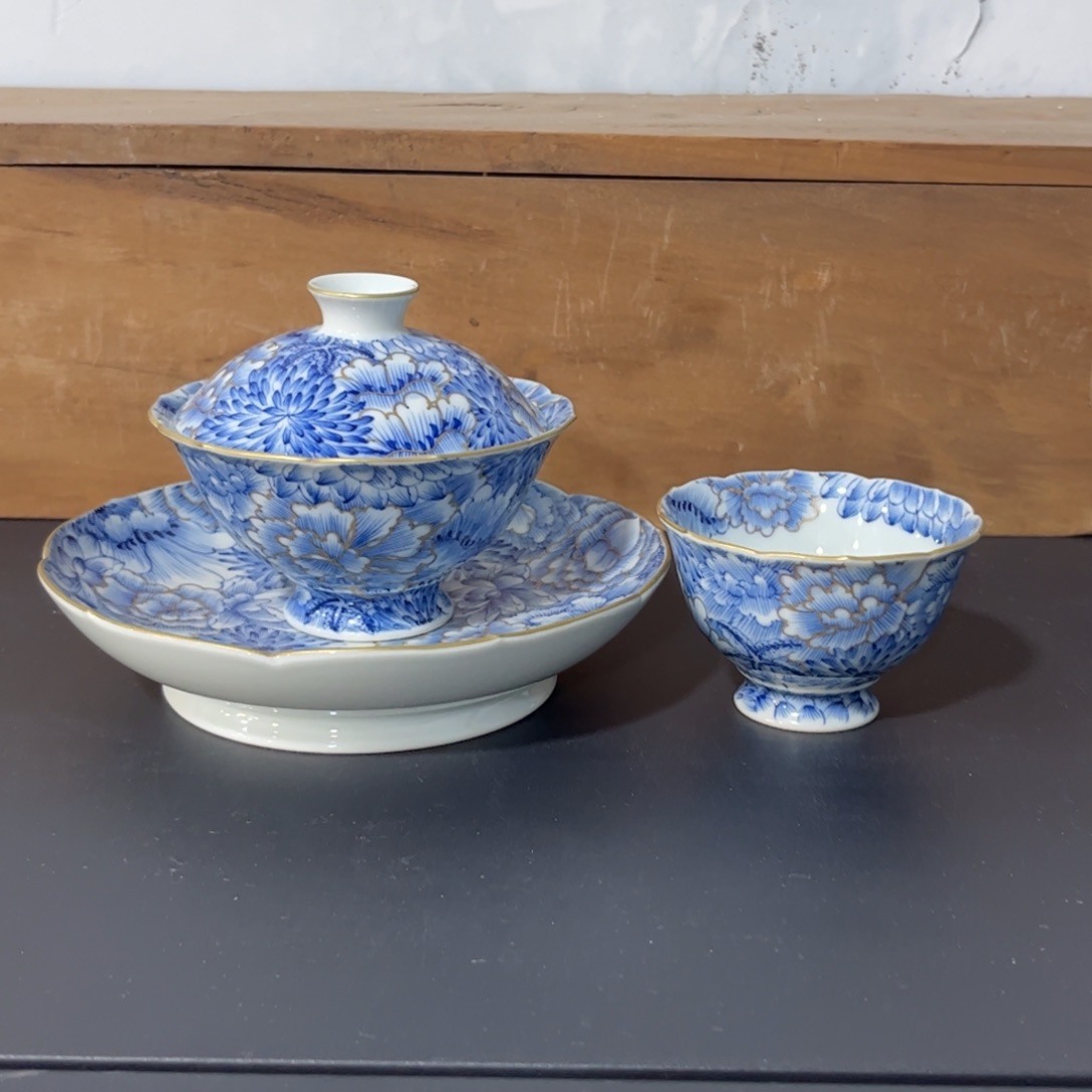 青花描金万花三件套 可拆分