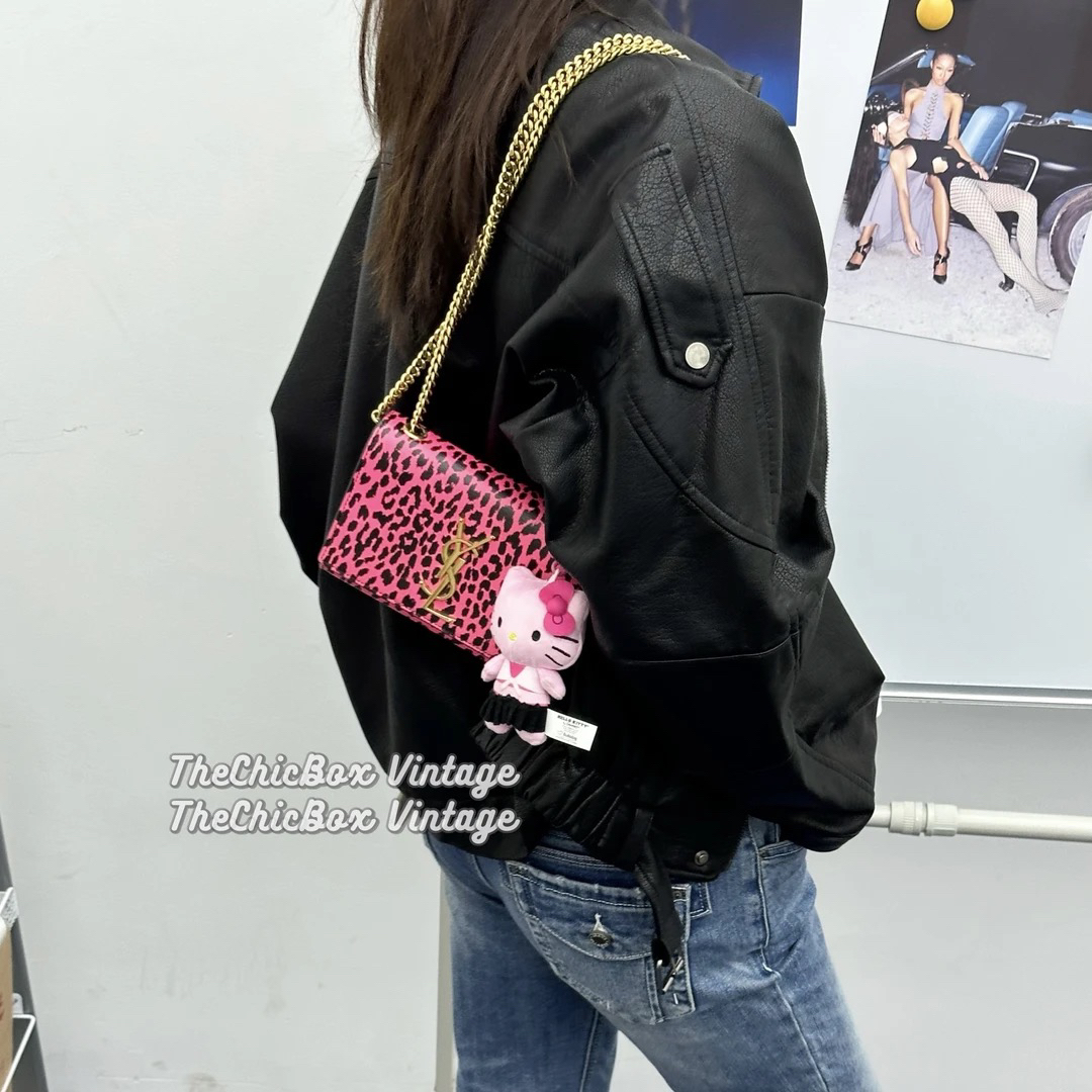 95新 YSL/圣罗兰 只盒/Ysl粉色豹纹辣妹Kate迷你链条包