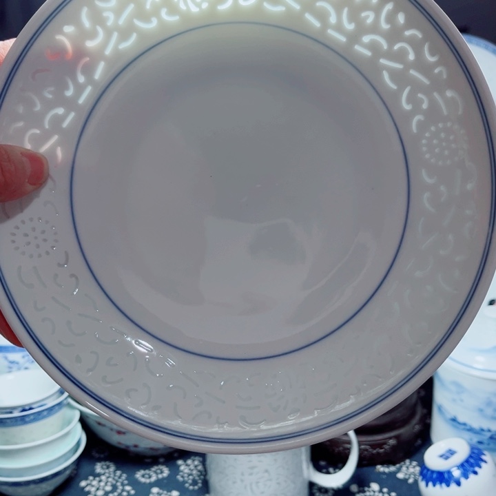 青花玲珑8寸窝盘满雕双福双线