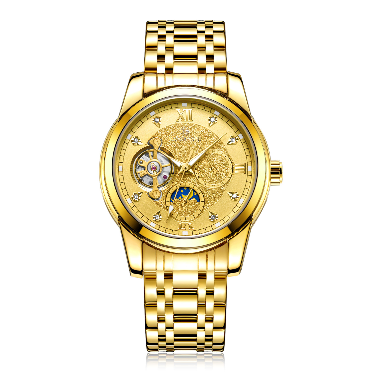 【澳门撤柜】高档潮流男士商务机械镂空腕表日月星辰6002全金