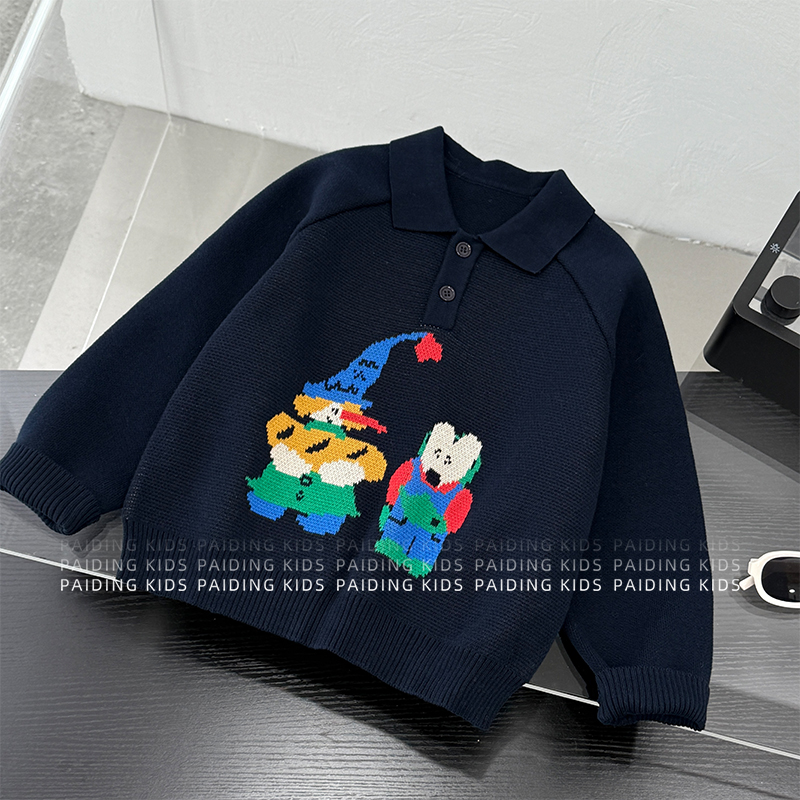 冬装儿童韩版时尚酷潮撞色卡通动漫保暖厚款针织毛衣SJ6946