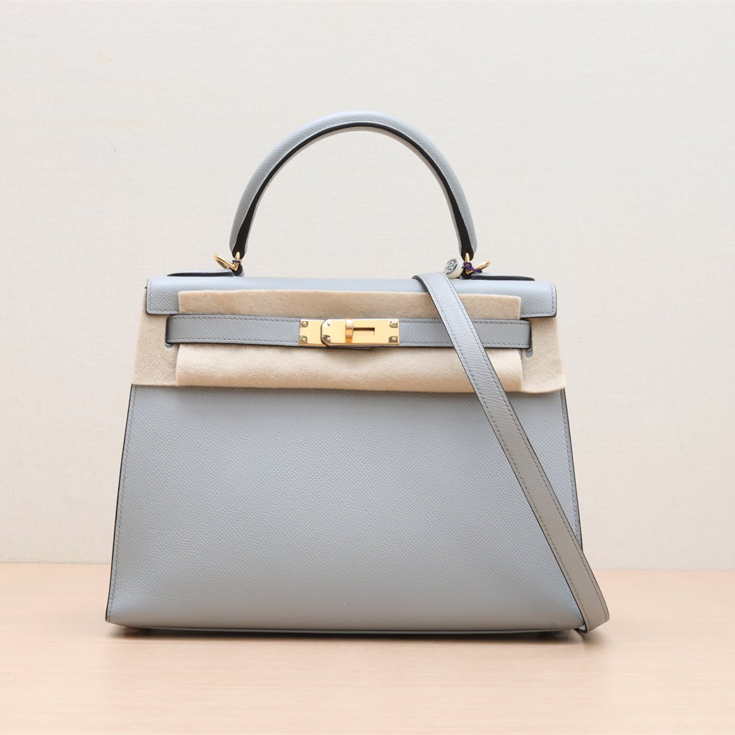95新 Hermes/爱马仕 小花双双 Kelly 28 海鸥灰 Epsom皮 C刻 金扣