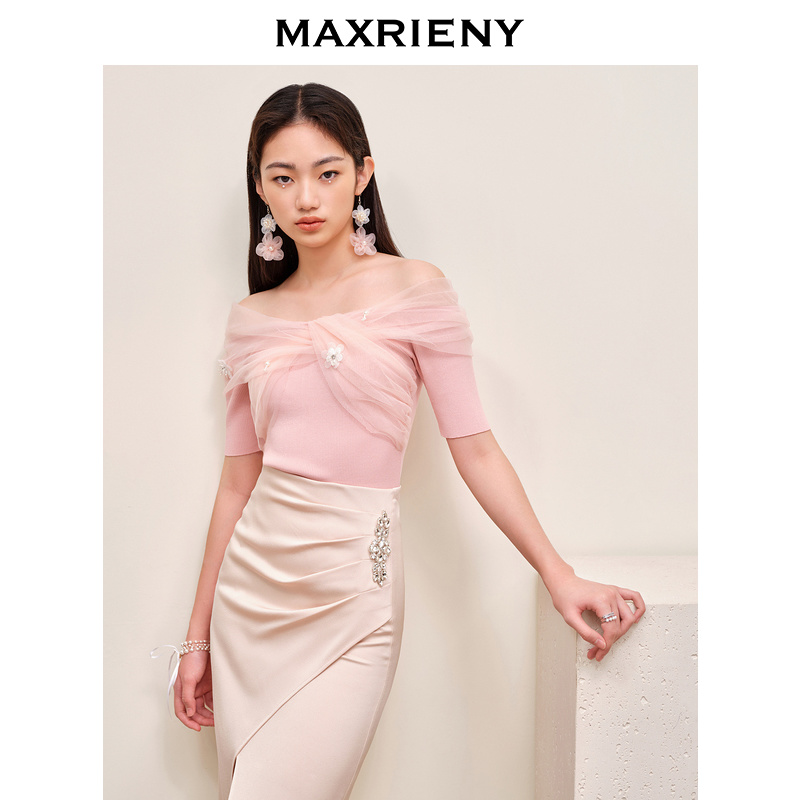 【老板娘天】MAXRIENY收腰显瘦百搭一字肩网纱气质款针织衫