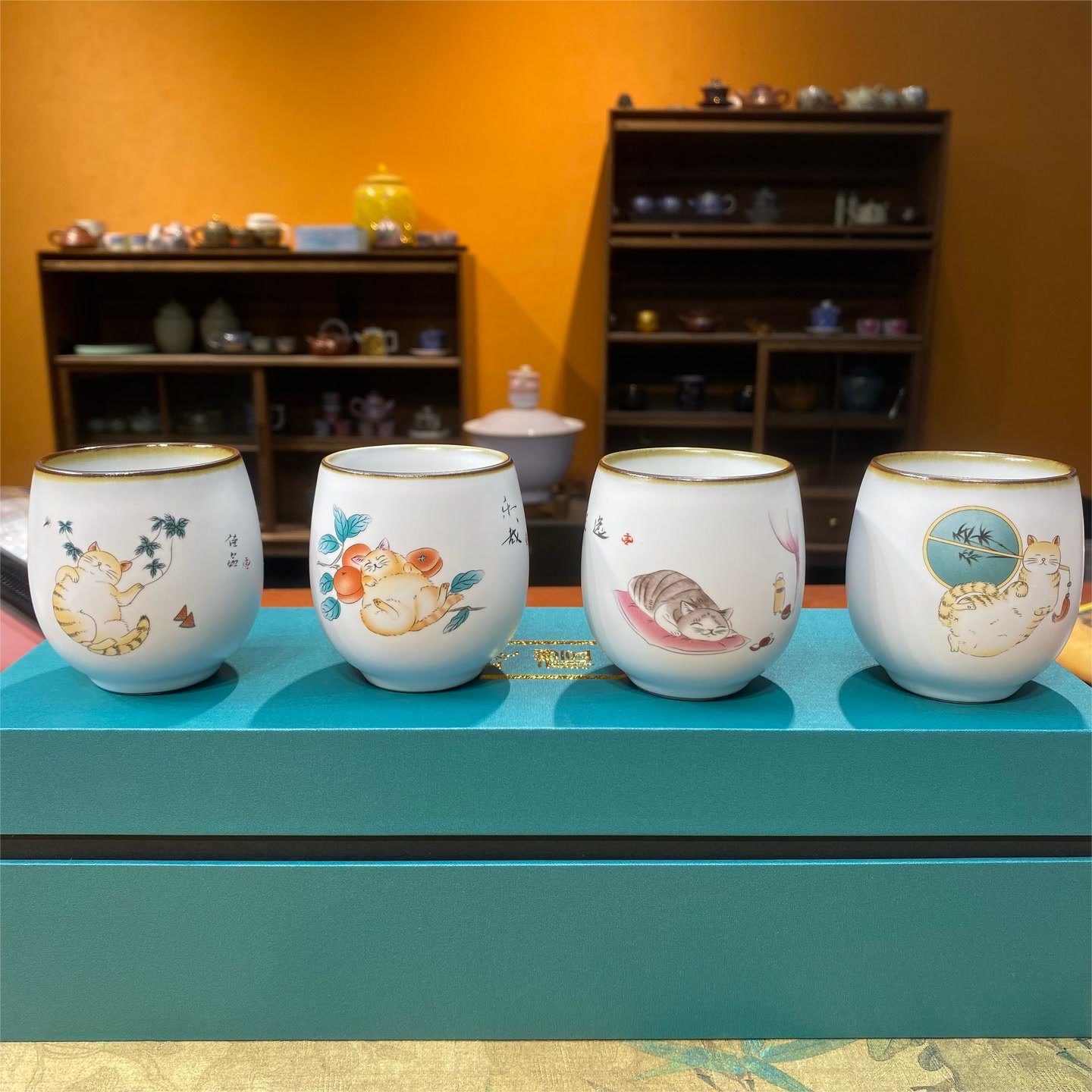 陶子茶具 鹅蛋猫咪主人杯四个一组礼盒装-5789
