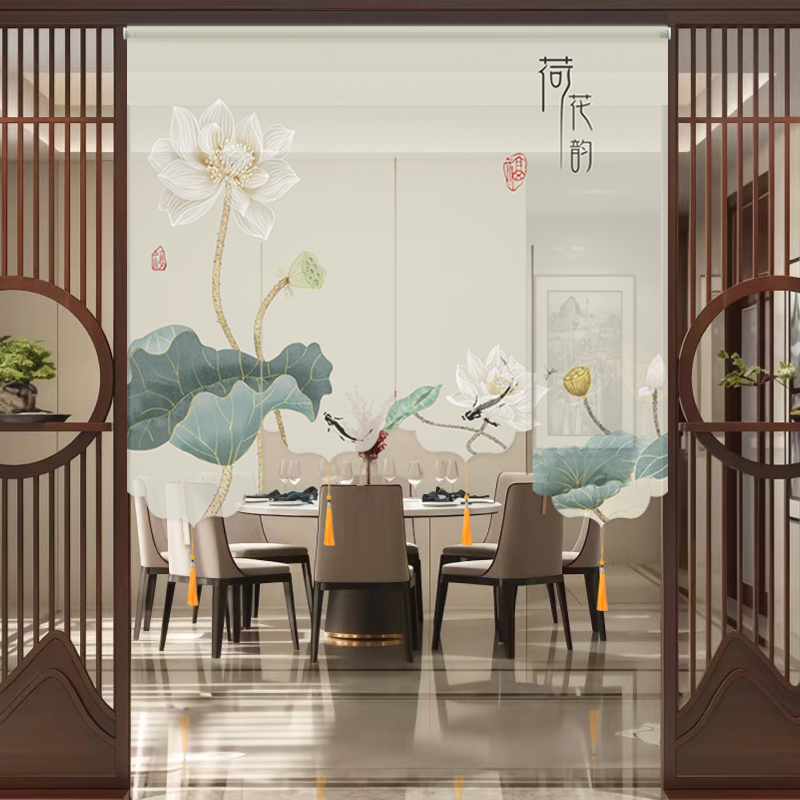 新中式禅意卷帘窗帘客厅茶室玄关屏风帘隔断帘子挂式装饰门帘荷花