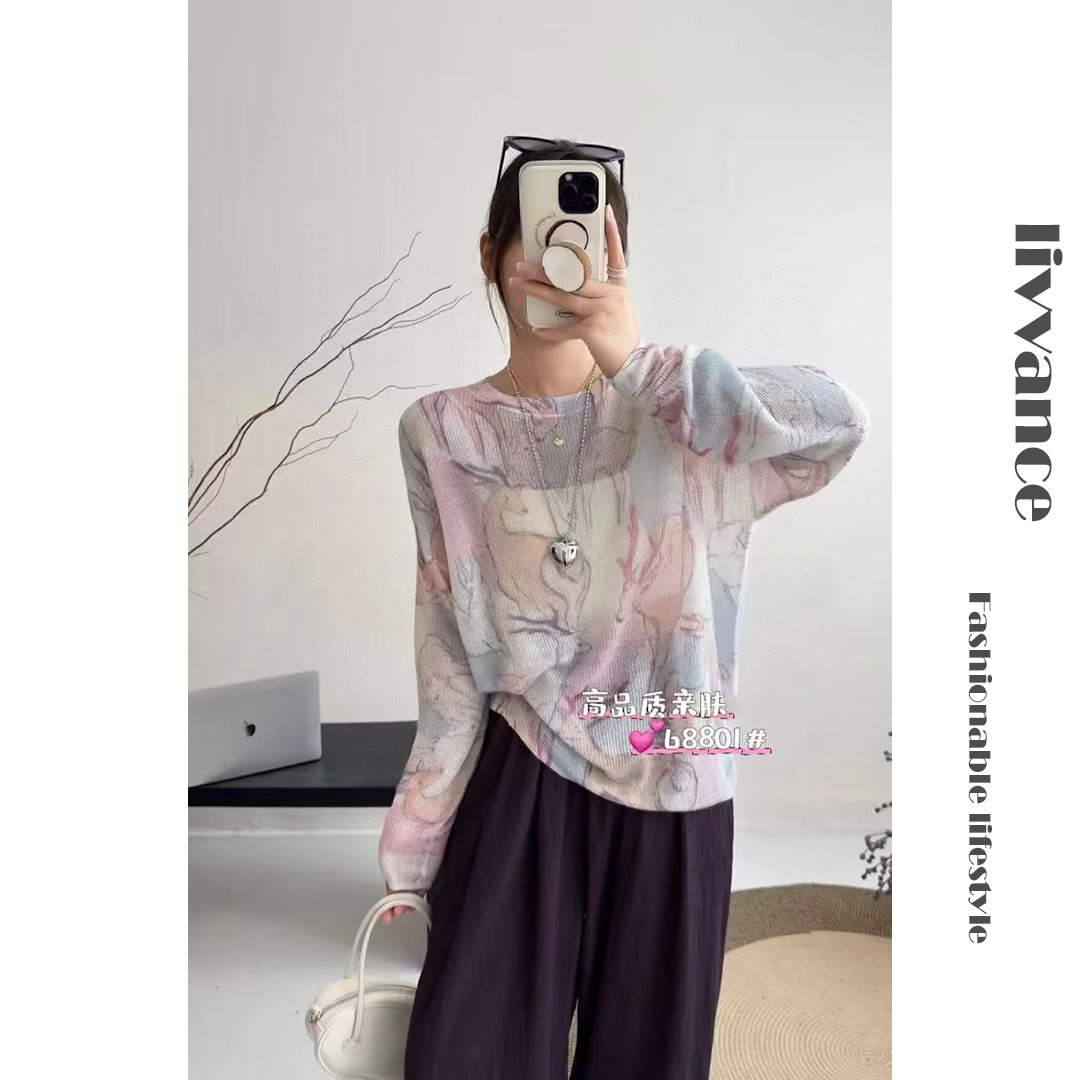 醋酸水溶彩绘印花针织衫上衣打底