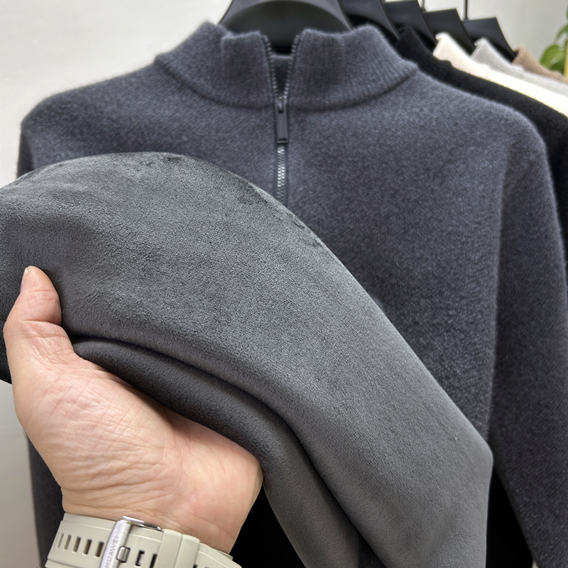 半高领拉链加绒加厚男士毛衣冬季雪貂绒保暖一体绒打底针织衫潮