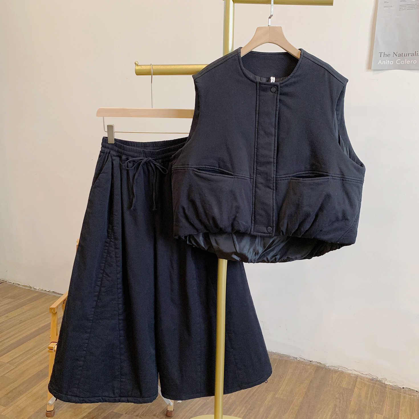 远山黛Y4008棉拉链圆领棉马甲松紧腰阔腿裤棉裤套装