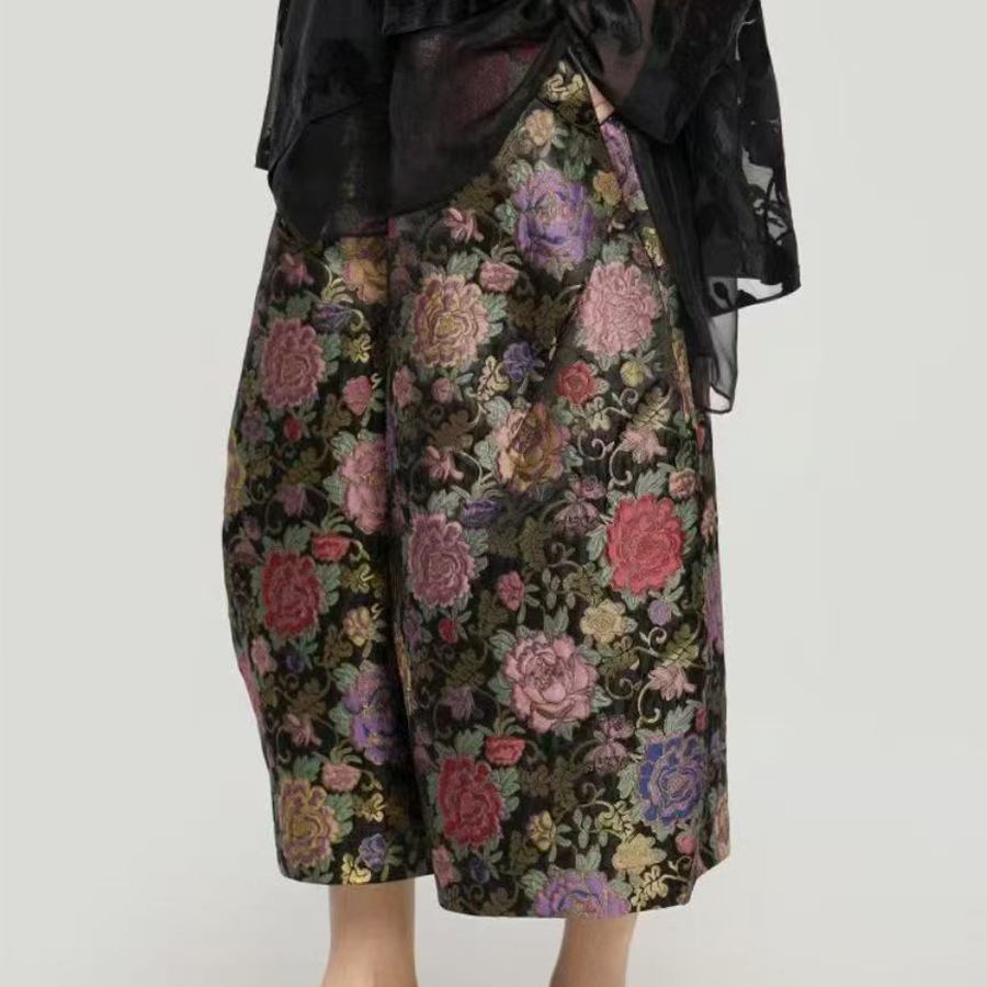 8011万花筒秋冬新中式民族风阔腿裤宽松复古提花九分花苞休闲裤女