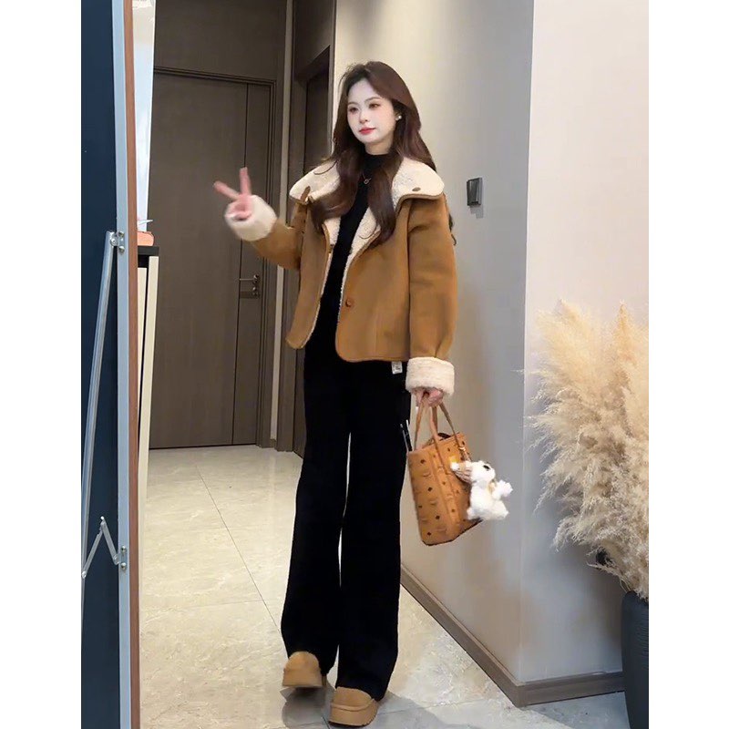 两面穿仿羊羔毛外套女短款秋冬2025加绒韩系复古冬装套装