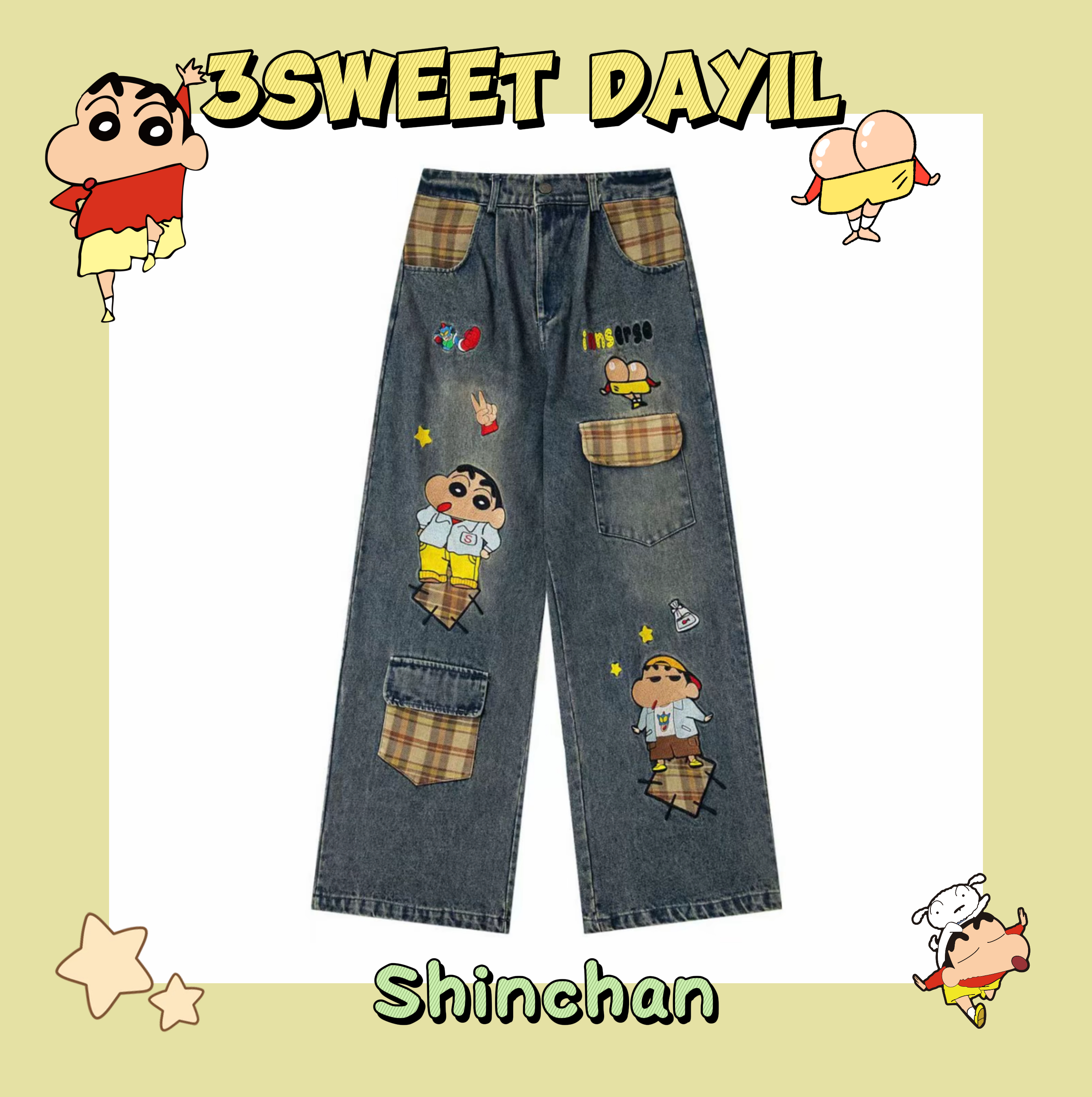 3甜【口袋小新】时尚潮流卡通趣味男女款直筒长裤