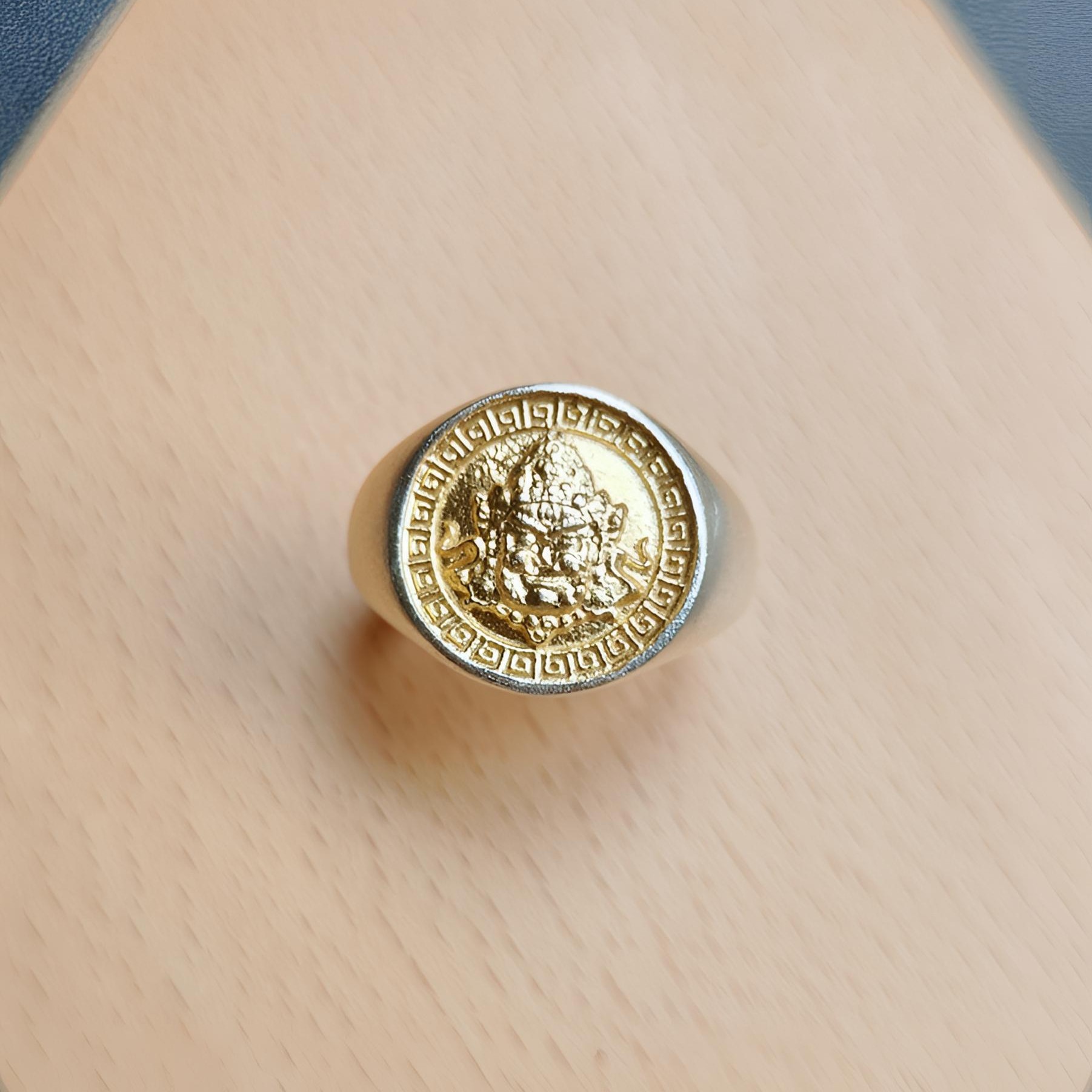 足银戒指 999.9（重工描金黄财神戒指）正品纯银招财食指戒男士礼物