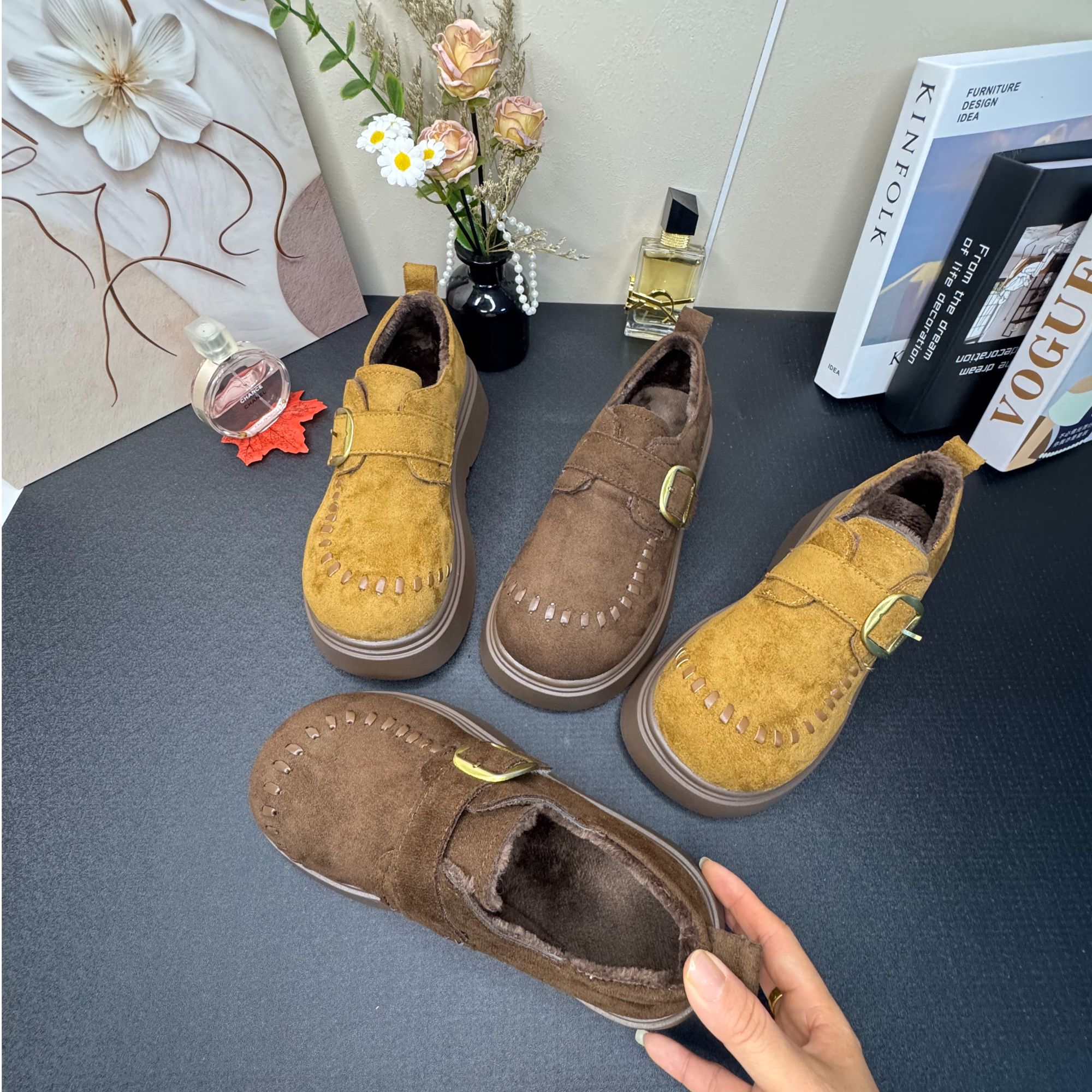 加绒勃肯鞋女2025冬季新款复古厚底小个子增高懒人乐福鞋保暖棉鞋