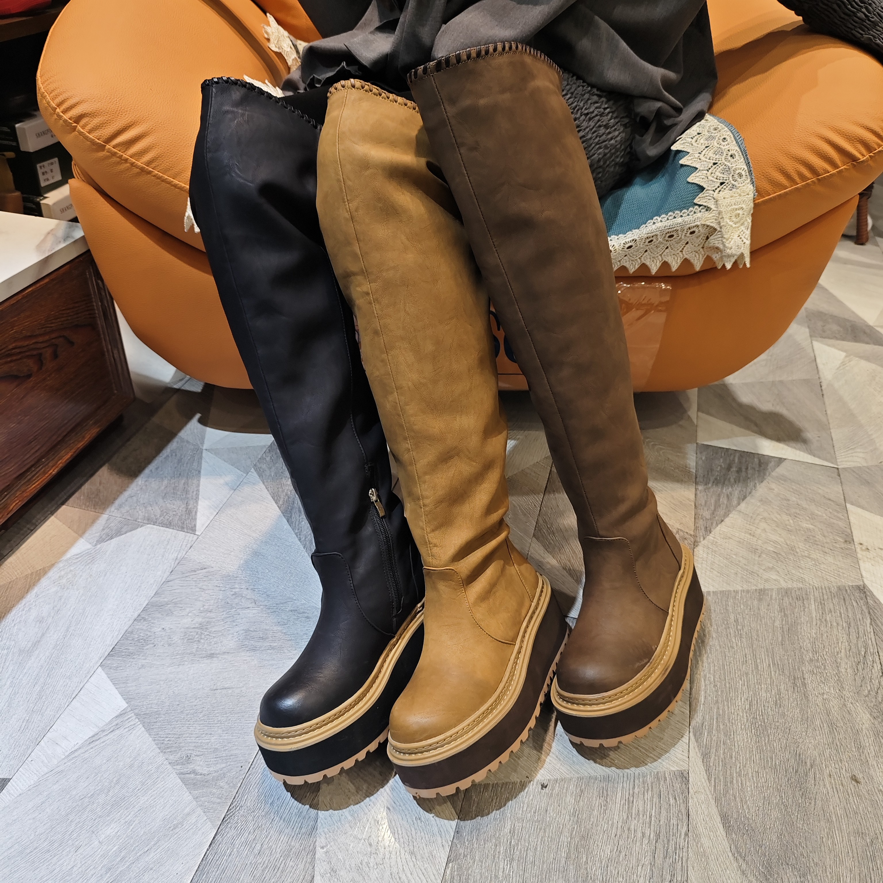 036-9真皮高筒靴女厚底2025新款胖mm粗腿过膝保暖