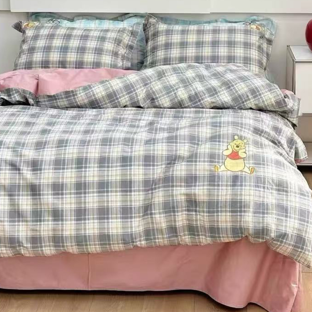 格子款黄色小熊全棉四件套尺寸220*240被套245*270床单48*74枕套