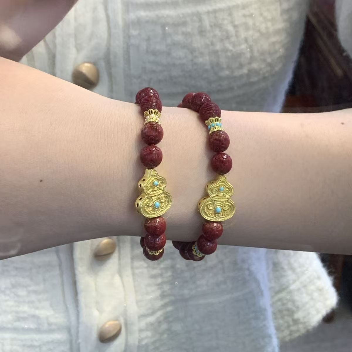 天然辰砂哑光紫金砂 朱砂手链 合金葫芦灯笼手串 H443(无礼盒)