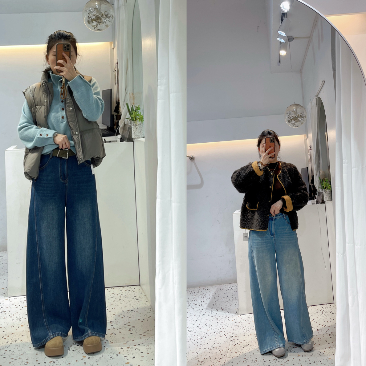 新款加绒中高腰显瘦阔腿牛仔弯刀裤98393