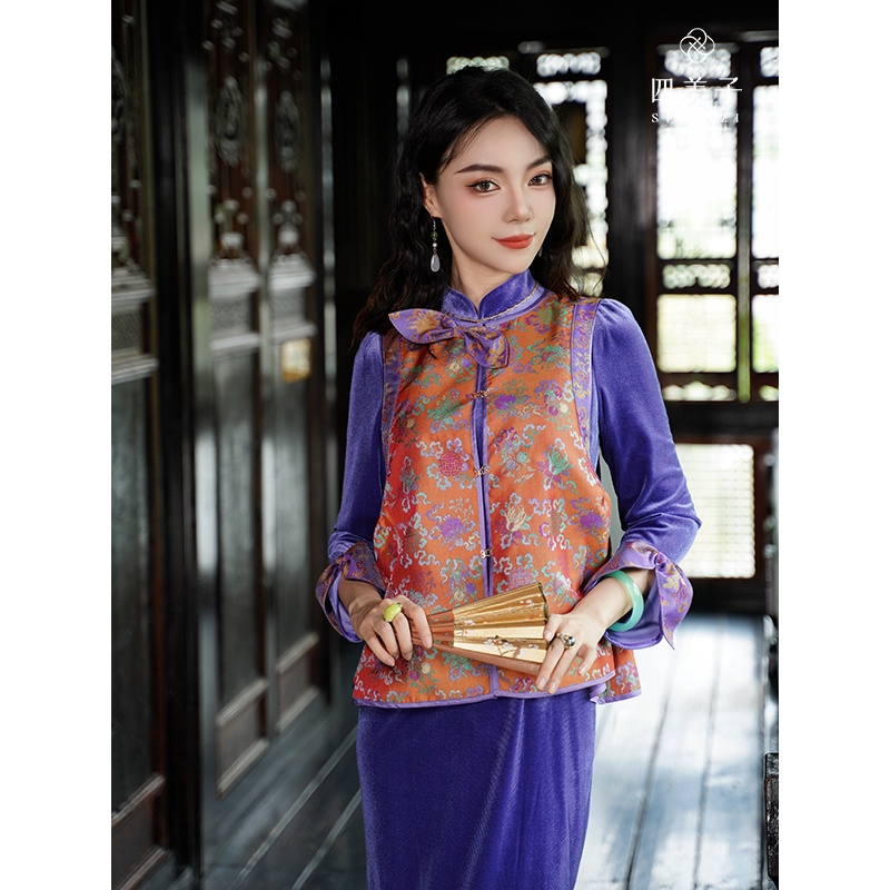 四美子【多福】冬新款民族风刺绣宽松型马夹蜀锦上衣双面穿马甲