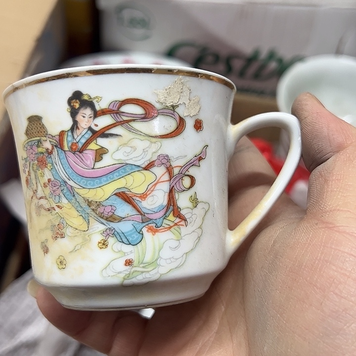 陶摆件天女花花耳杯景德镇