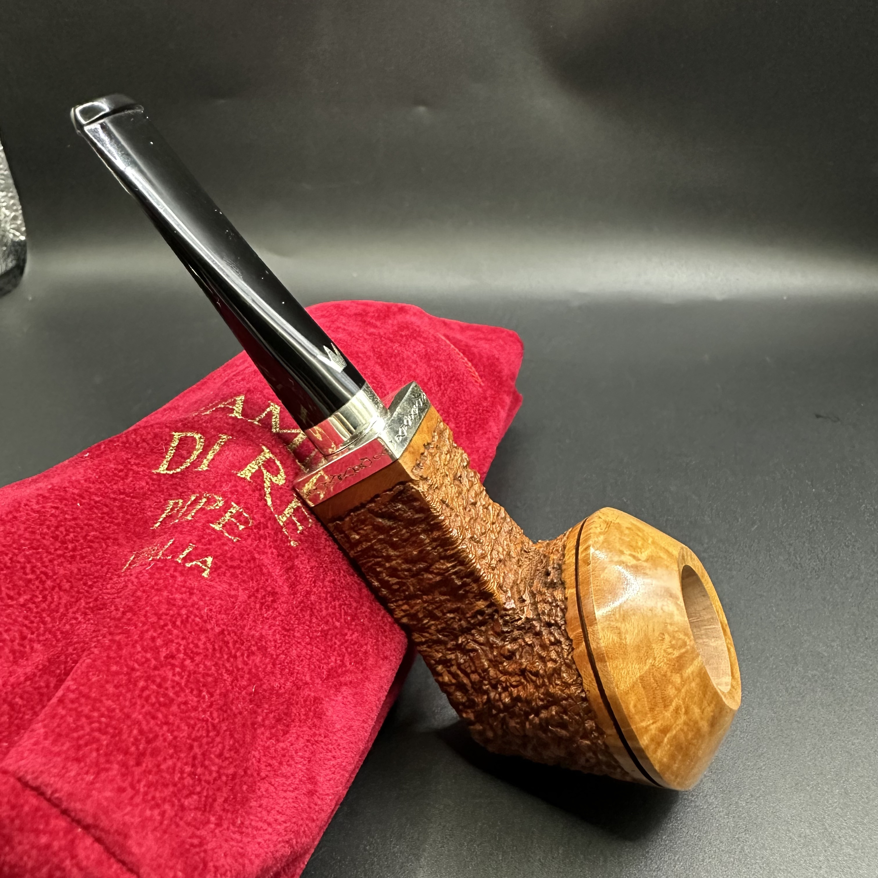 意大利火焰王原木半雕刻半喷砂双银龙石楠木烟斗烟具