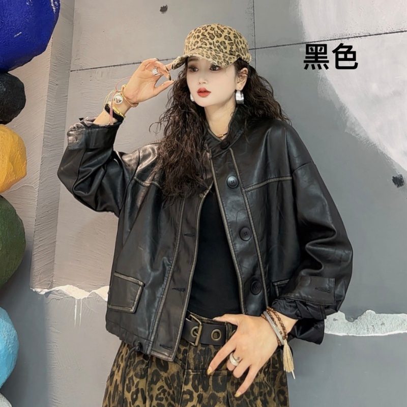 2025秋装新款时髦气质立领短款皮衣外套女抽绳高级皮衣夹克-25006