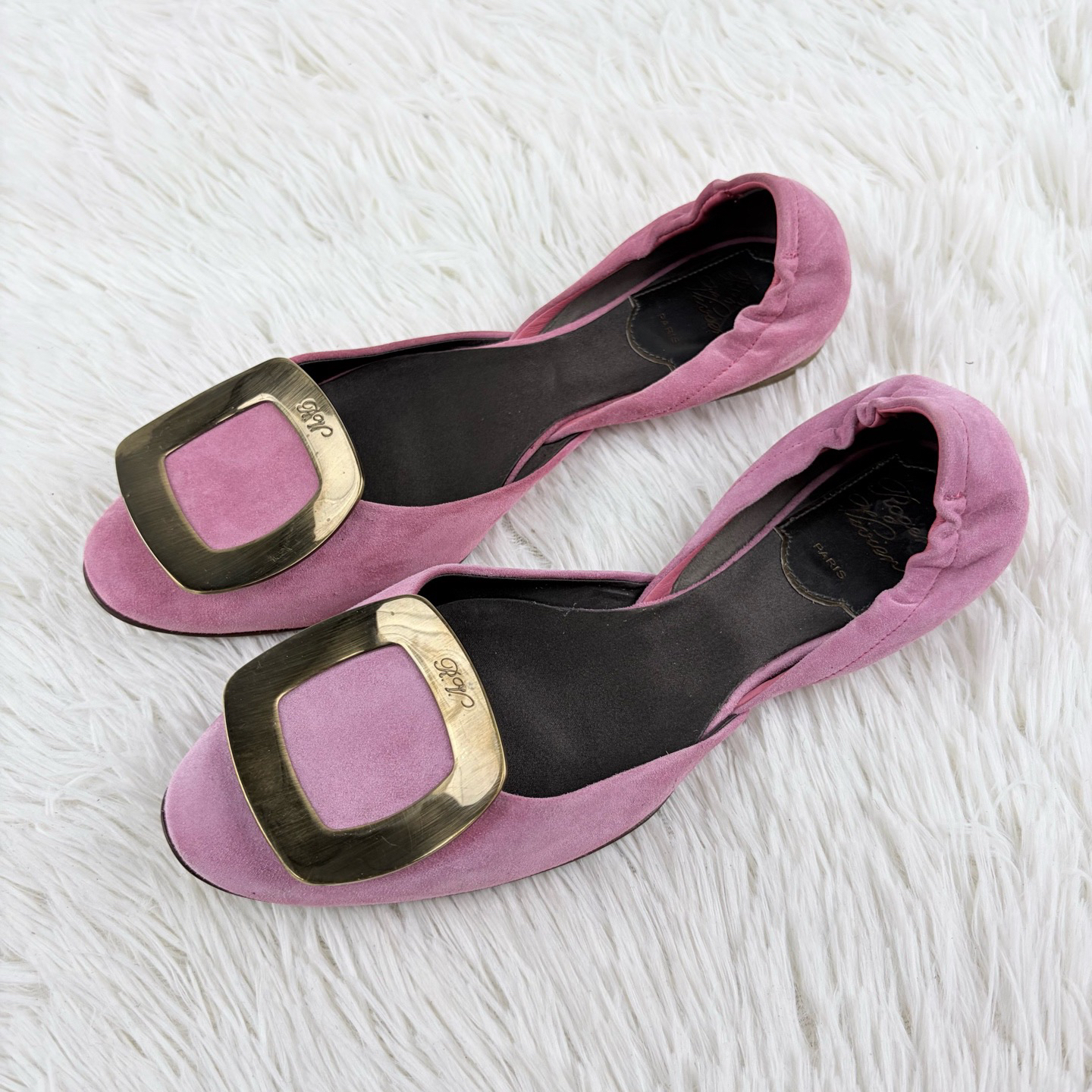 99新 Roger Vivier/罗杰·维威耶 粉红色麂皮方扣平底鞋34.5码原盒