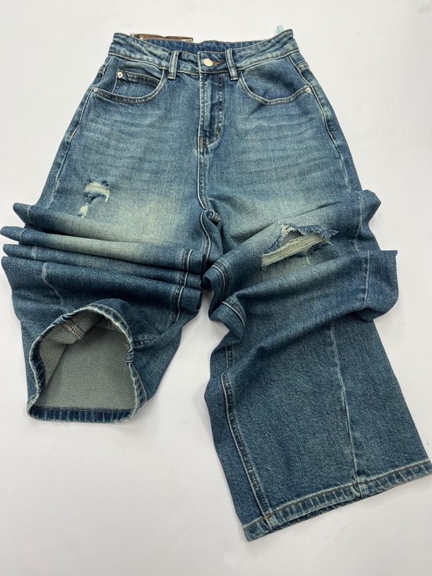 春秋破洞弯刀直筒阔腿裤高个子入