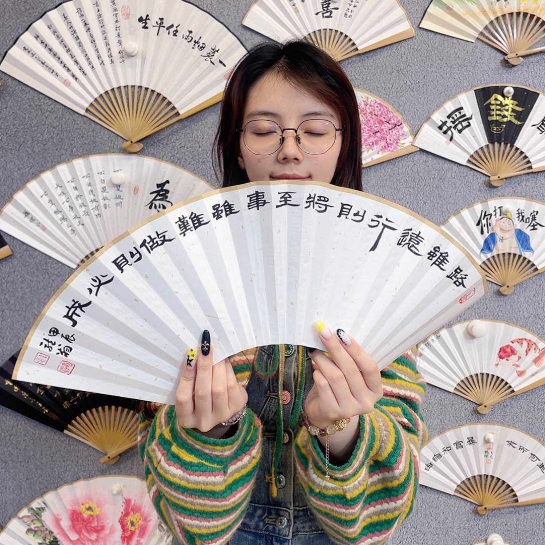 书法8寸水磨玉竹-纯手绘-文玩扇骨（默认粘好） 