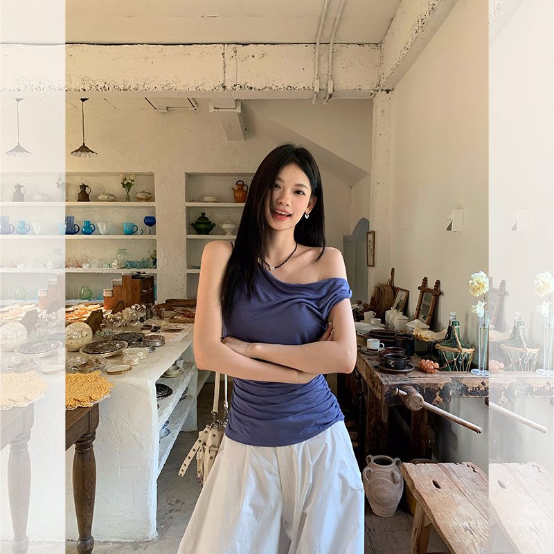 大耳朵lumoder  蓝色扭结背心女夏季新款辣妹修身上衣D5T1712