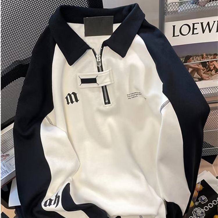 美式重磅半拉链polo领卫衣男女复古高级感hiphop潮牌黑白撞色外衫