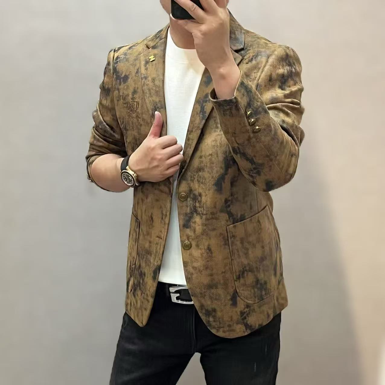 新款高端潮流男士休闲时尚晕染色两粒扣西服外套