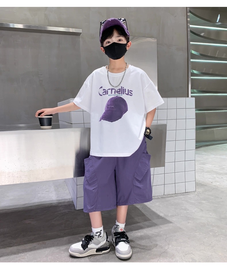 酷帅风~男童夏季新款痞帅薄款舒适帽子短袖休闲短裤套装S9361