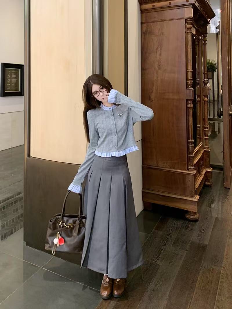 学院风灰色针织开衫连衣裙子女25新款早秋韩系穿搭一套