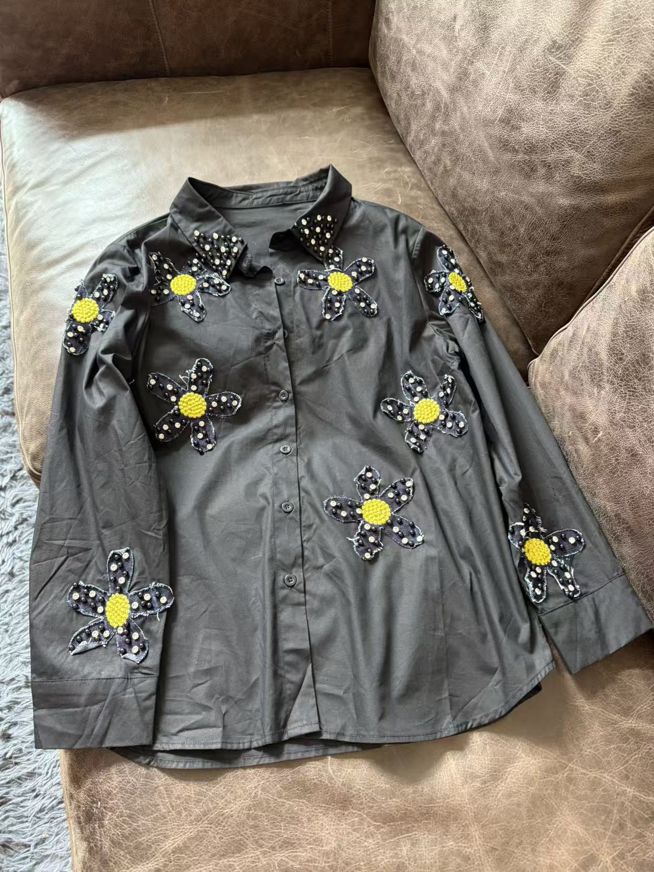 A604 春秋长袖牛仔时尚休闲黑色印花卡通春季秋季衬衣