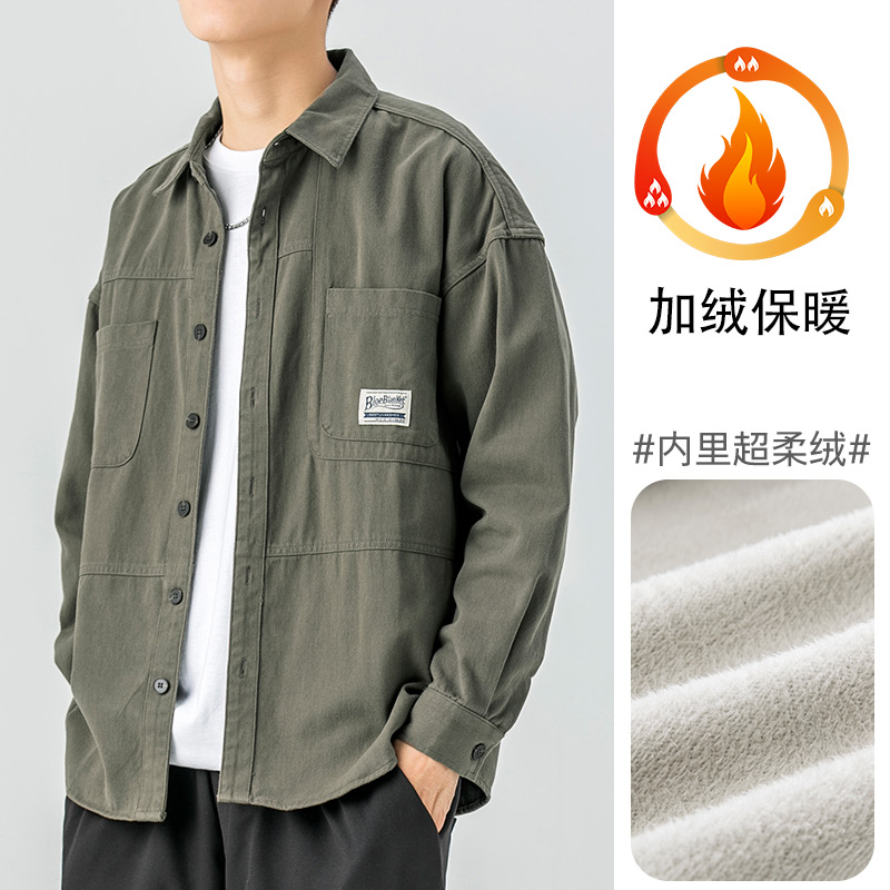 秋季新款纯棉工装夹克男士男款翻领宽松潮牌休闲长袖衬衫外套男生