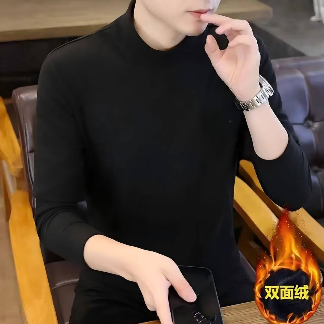 双面德绒半高领休闲男士秋冬保暖打底衫加绒纯色百搭打底卫衣