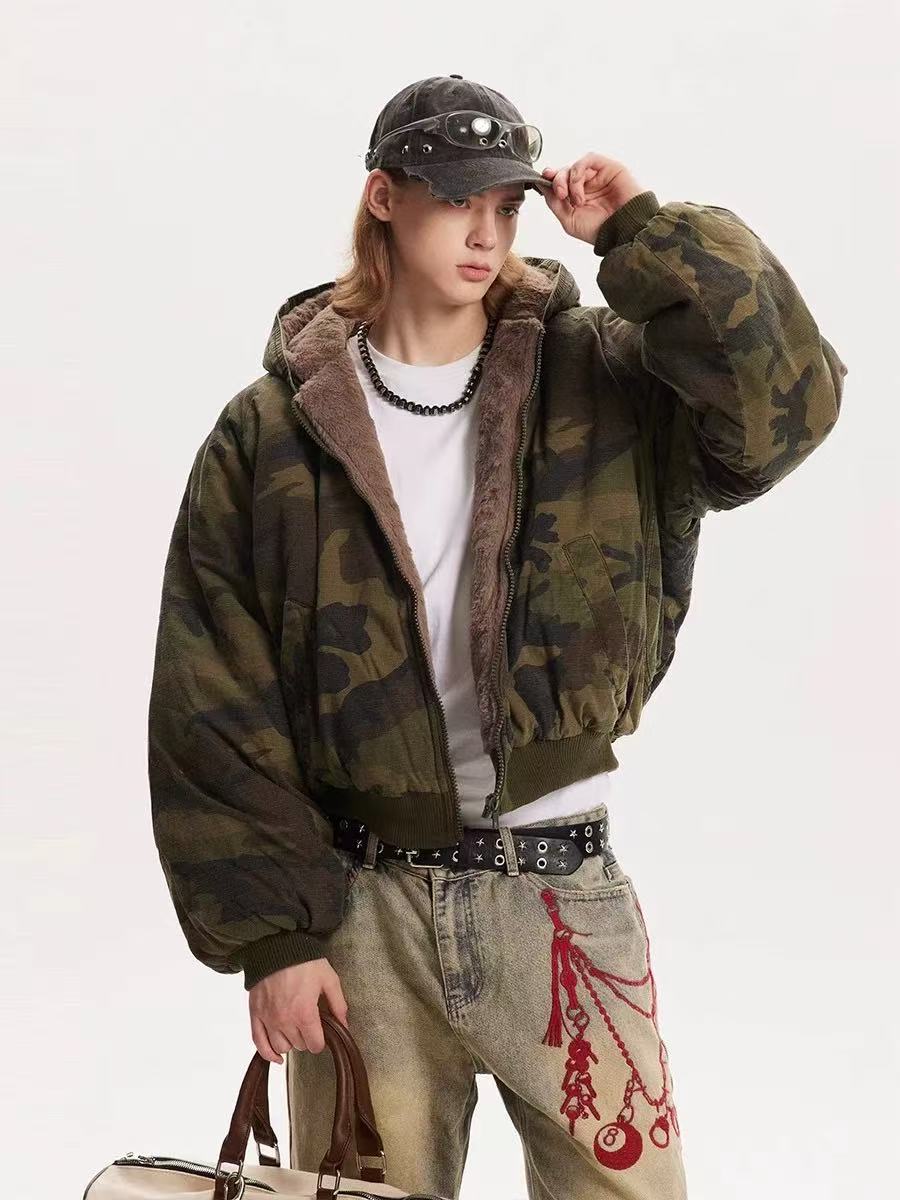 A4~B6D绿色“迷彩网格”连帽棉服外套（2221）