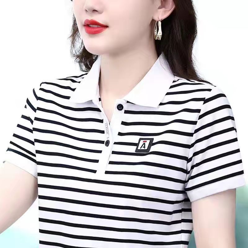 常规款常规拼接短袖简约风POLO衫宽松半袖潮流女士时尚条纹翻领
