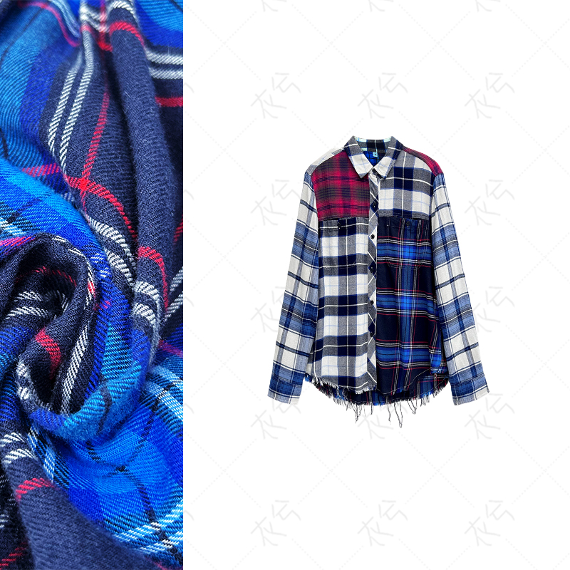 （衣兮美式撞色格纹衬衫）秋季时尚潮流宽松显瘦百搭长袖衬衫G