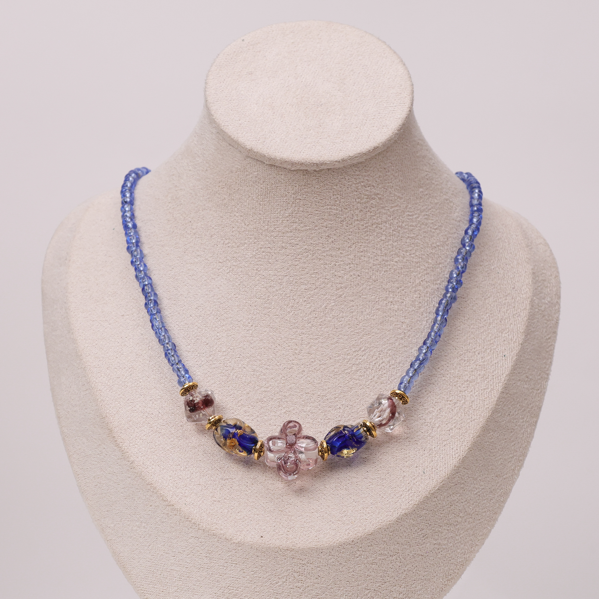 合金项链 LZ0917 紫色小花蓝色小米珠琉璃项链43cm