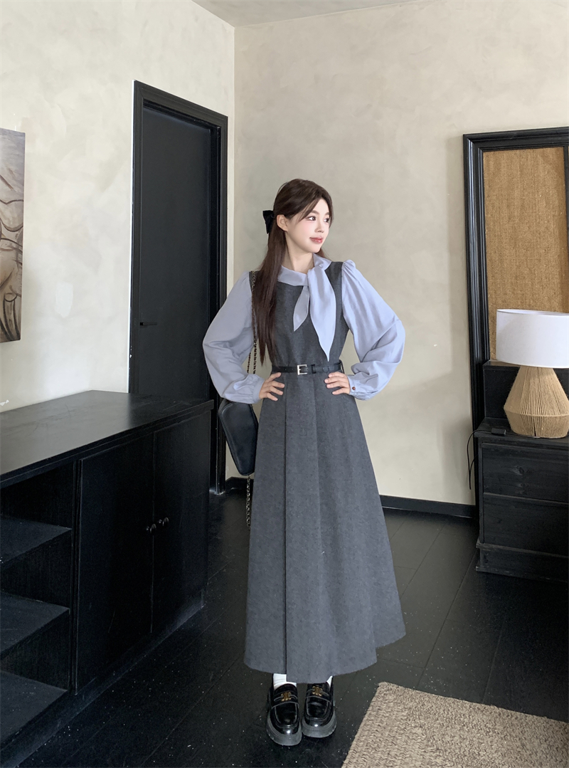 秋冬季新款大码女装法式撞色翻领系带拼接假两件呢料百褶连衣裙