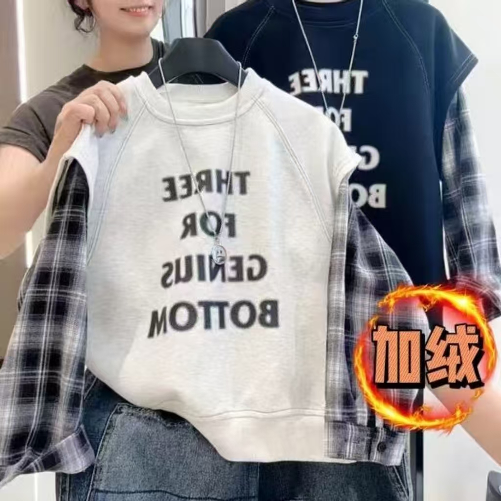 儿童韩版格子袖假两件卫衣2025年男童新款儿童美式打底衫中大童装