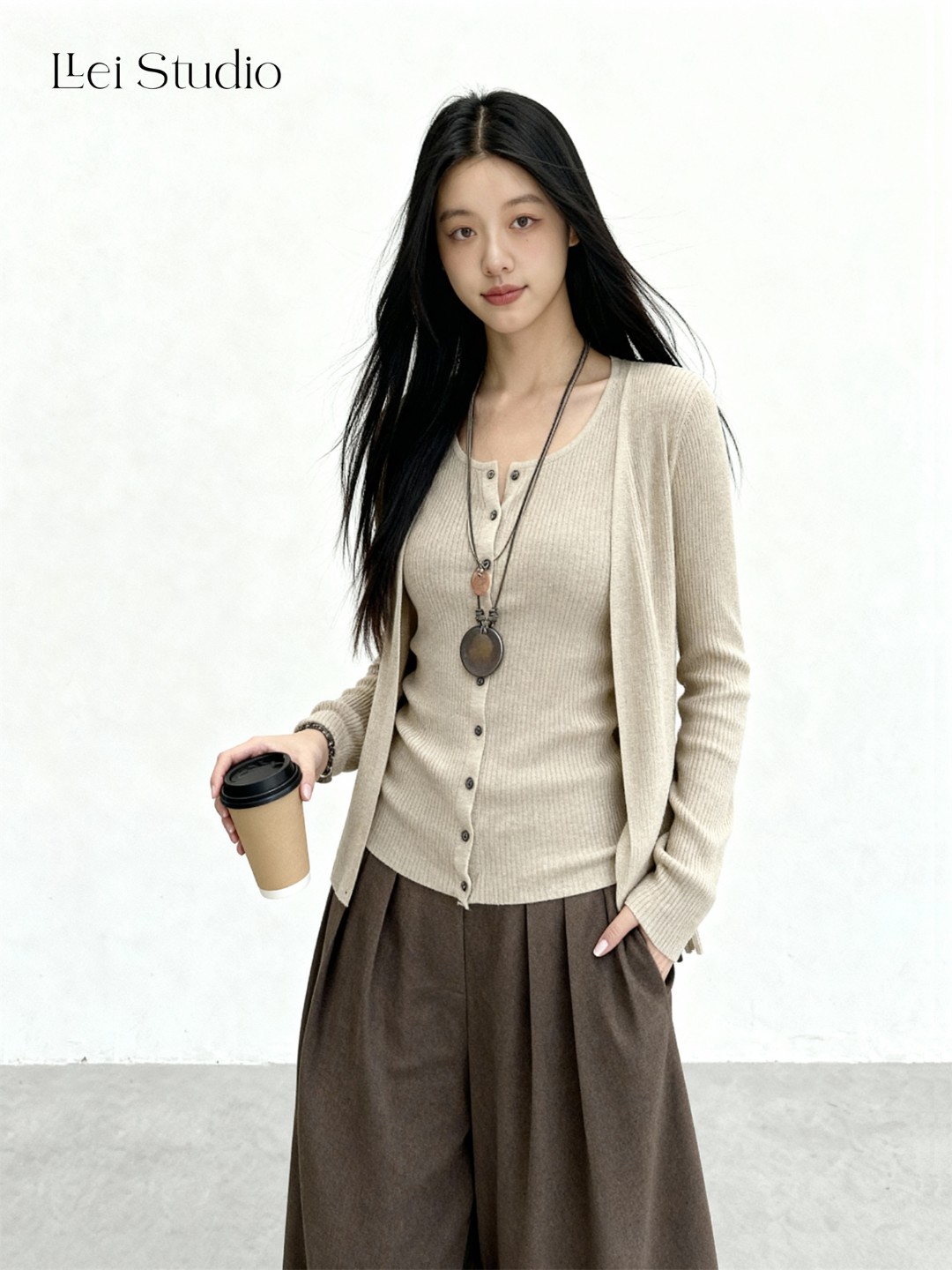 LLei大蕾【漫游麦浪】秋季复古显瘦两件设计开衫背心气质休闲慵懒感