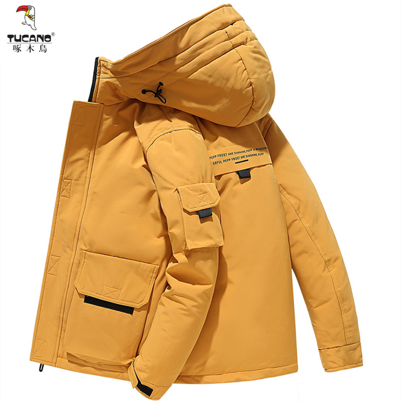 啄木鸟新品连帽羽绒服男短款高品质轻薄户外保暖白鸭绒外套潮男士