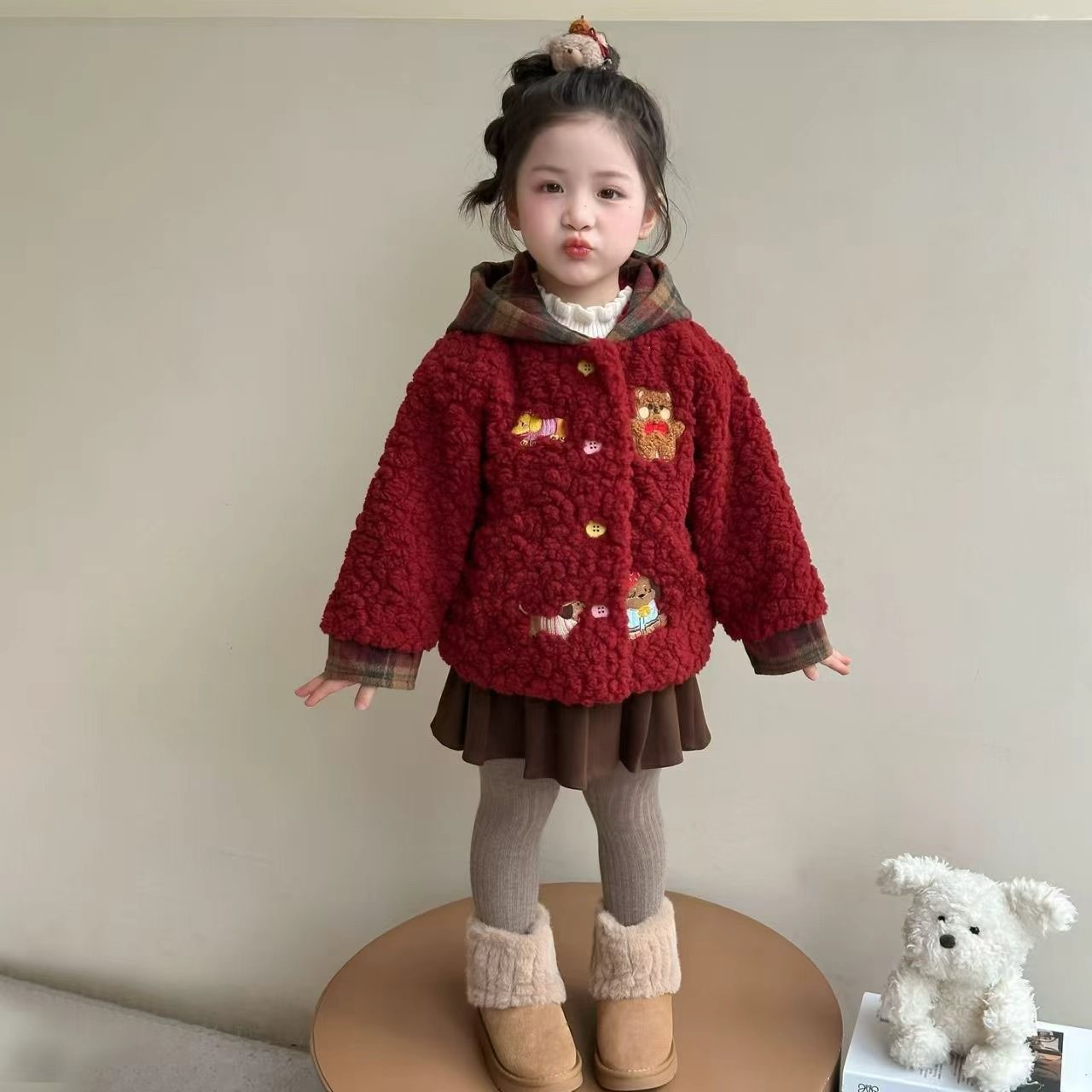 女童冬装红色外套2025新款儿童毛毛衣洋气宝宝冬季保暖外套