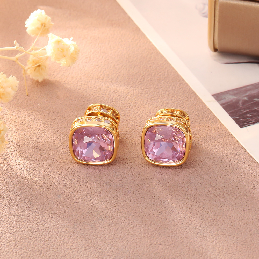 铜合金锆石耳饰 粉色时尚百搭经典锆石耳钉彩色简约轻奢精致