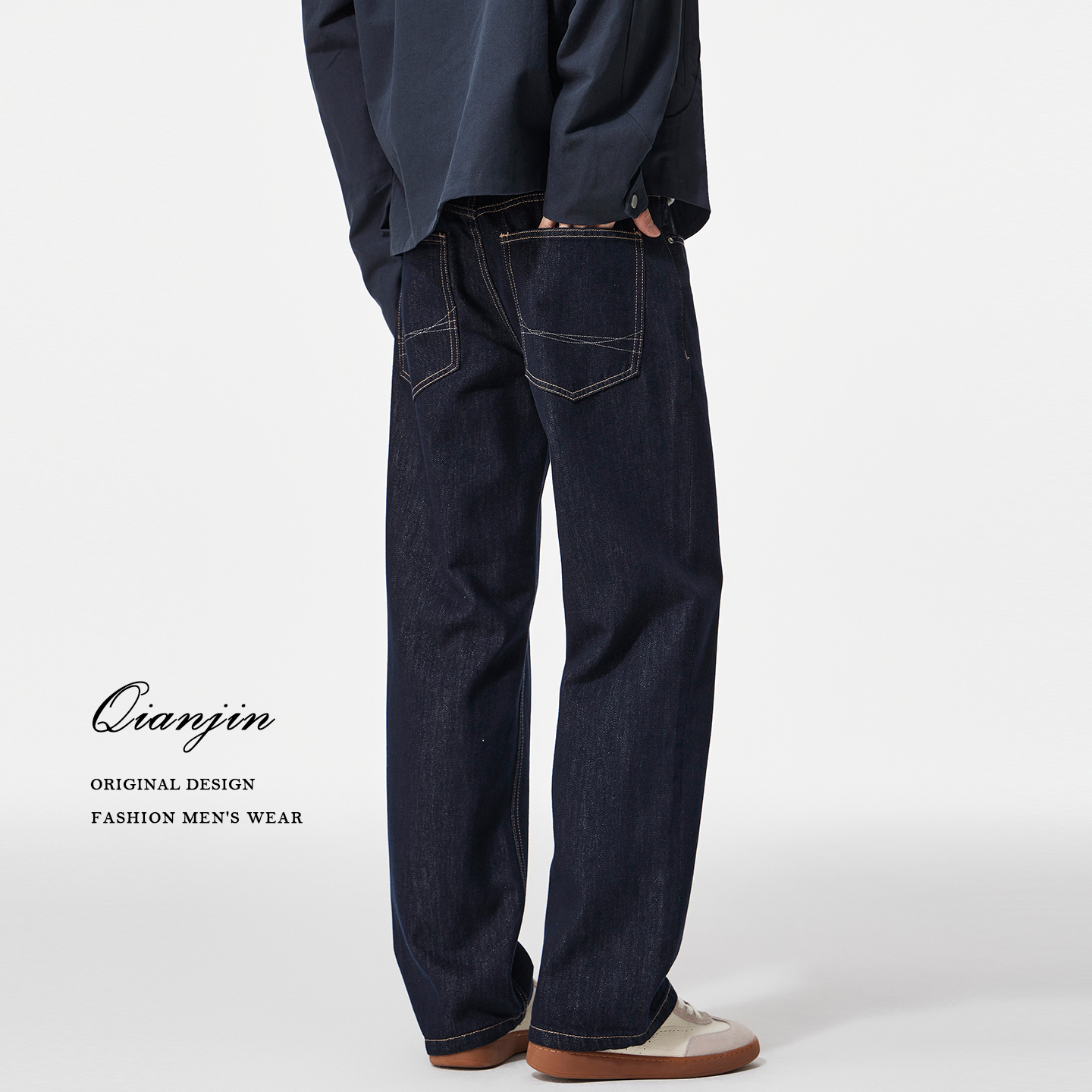 秋冬季宽松直筒原色丹宁加绒牛仔裤男cleanfit美式高街阔腿休闲裤