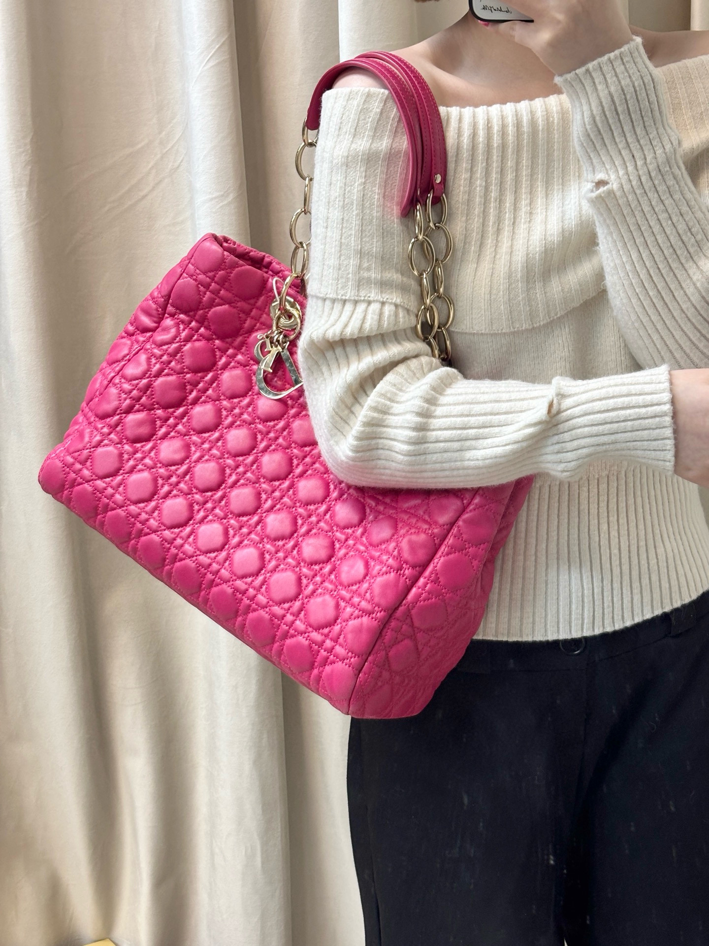 95新 DIOR/迪奥 dior 玫粉色七格戴妃托特单肩包